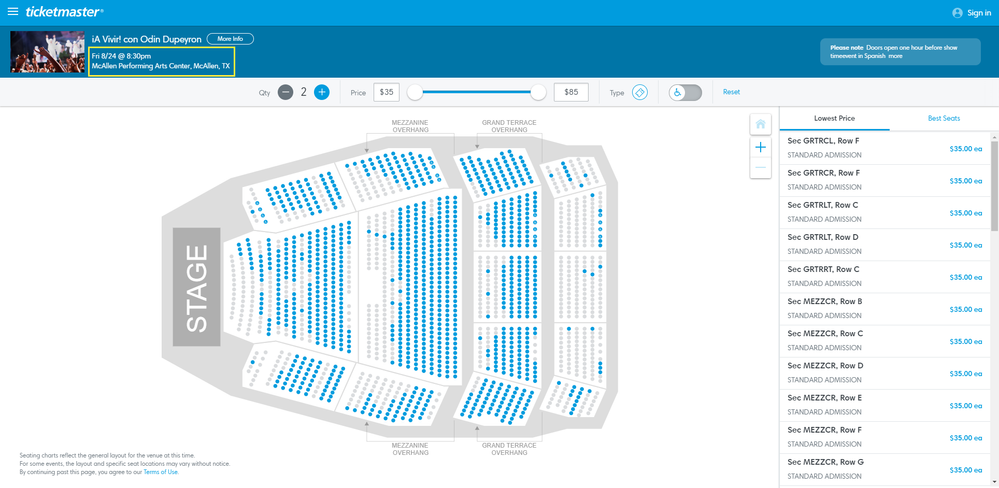 Screenshot of Tickets _ ¡A Vivir! con Odin Dupeyron - McAllen, TX at Ticketmaster.png