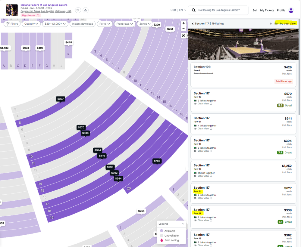 Sec 117 "sorted" by best view