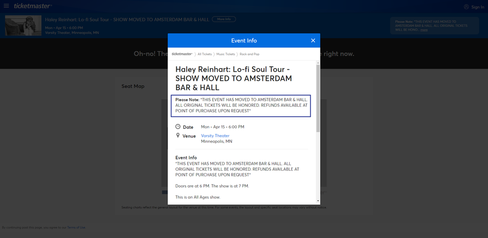 Screenshot of Tickets _ Haley Reinhart_ Lo-fi Soul Tour - SHOW MOVED TO AMSTERDAM BAR & HALL - Minneapolis, MN at Ticketmaster.png