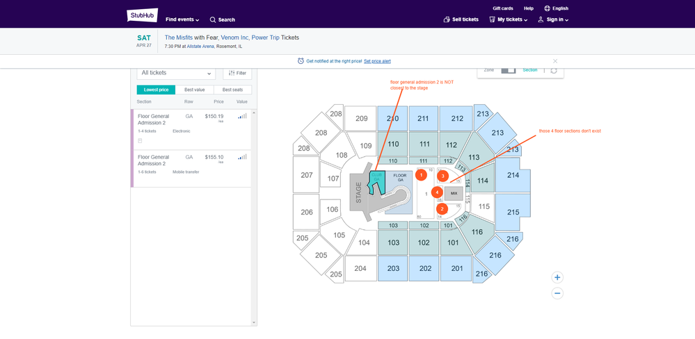 2nd incorrect StubHub map