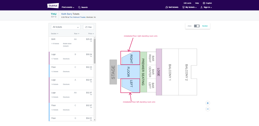 Incorrect StubHub map