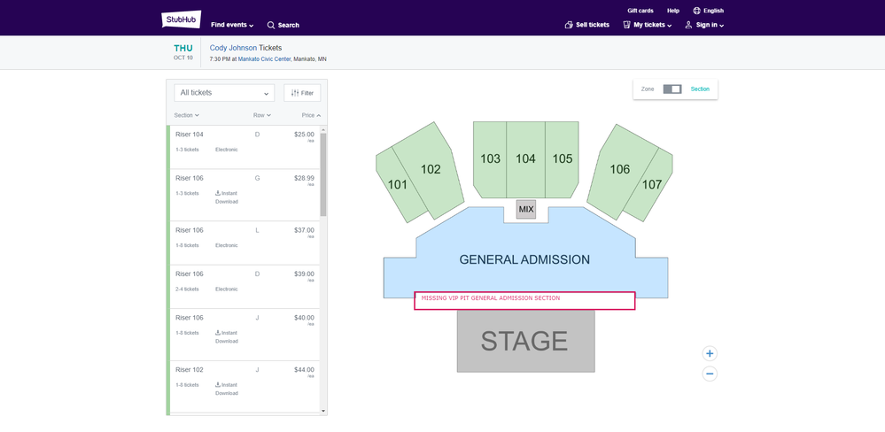 Incorrect StubHub map