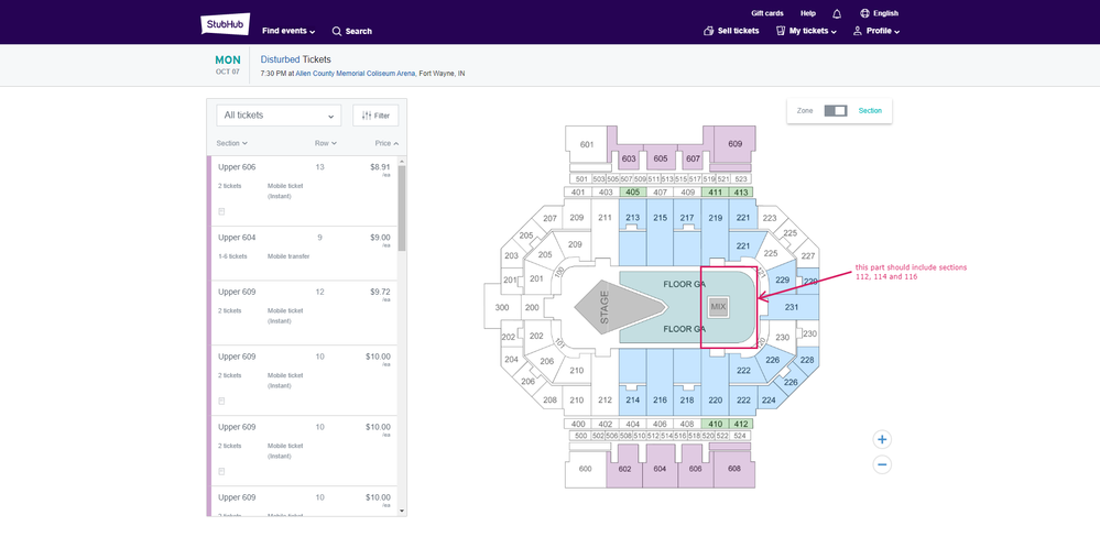 Incorrect StubHub map