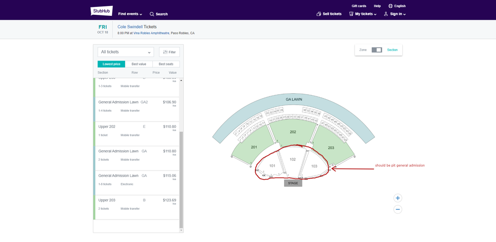 Incorrect StubHub map