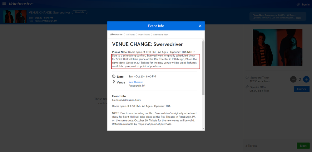 Screenshot of Tickets _ VENUE CHANGE_ Swervedriver - Pittsburgh, PA at Ticketmaster.png