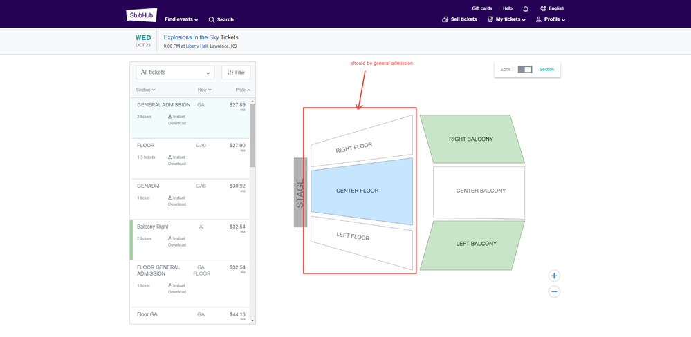 Incorrect StubHub map