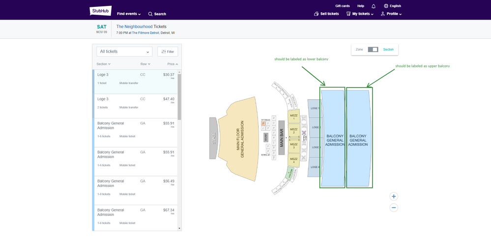 Incorrect StubHub map