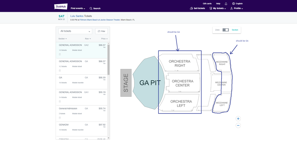 Incorrect StubHub map